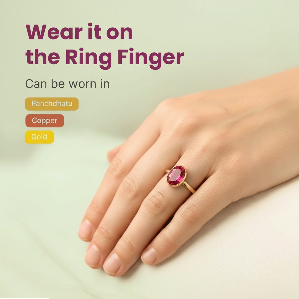 VASTUKOSHA natural Burmese ruby gemstone ring worn on a finger with text overlay about metal settings
