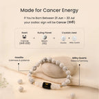 VASTUKOSHA Cancer zodiac bracelet featuring white Howlite and Milky Quartz beads with a black Cancer sign charm.