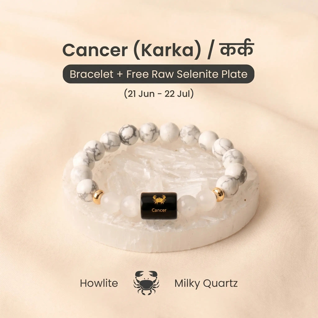VASTUKOSHA Cancer zodiac bracelet featuring white Howlite and Milky Quartz beads with a central black Cancer charm.
