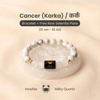 VASTUKOSHA Cancer zodiac bracelet featuring white Howlite and Milky Quartz beads with a central black Cancer charm.