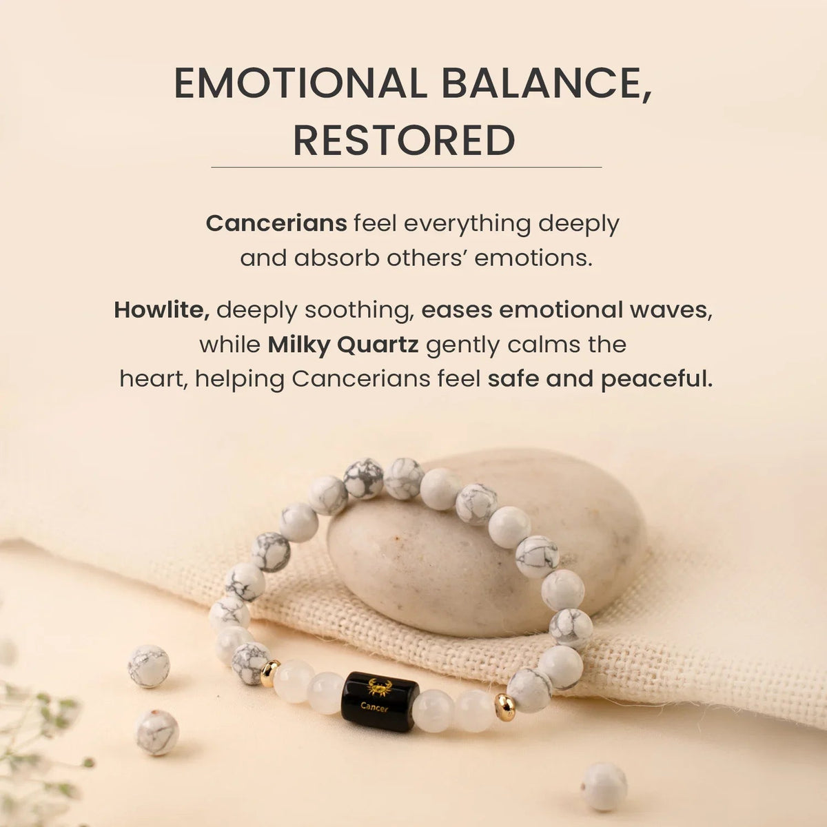 VASTUKOSHA Cancer zodiac bracelet featuring white Howlite and Milky Quartz beads with a central black Cancer sign charm.