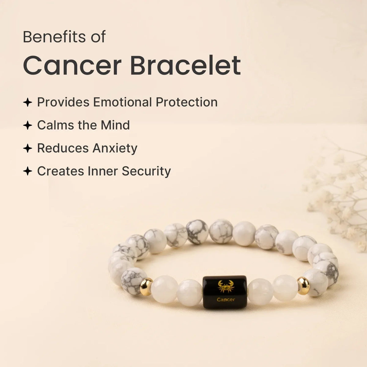 VASTUKOSHA Cancer zodiac bracelet featuring white Howlite and Milky Quartz beads with a black Cancer sign charm.