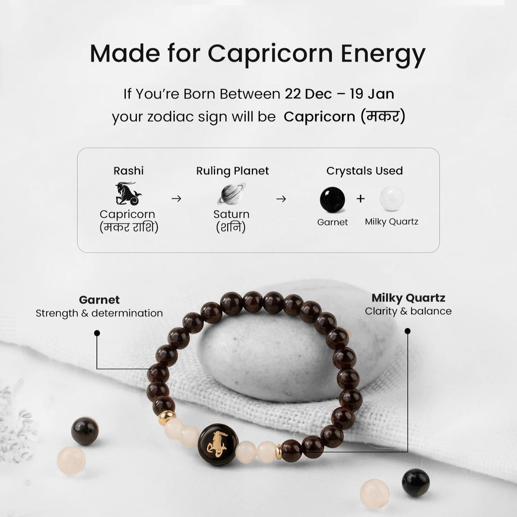 VASTUKOSHA Capricorn zodiac bracelet featuring deep red garnet and milky quartz beads with a central Capricorn charm.