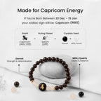 VASTUKOSHA Capricorn zodiac bracelet featuring deep red garnet and milky quartz beads with a central Capricorn charm.