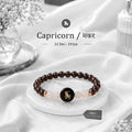 VASTUKOSHA Capricorn zodiac bracelet featuring deep red garnet and milky quartz beads with a central Capricorn charm.