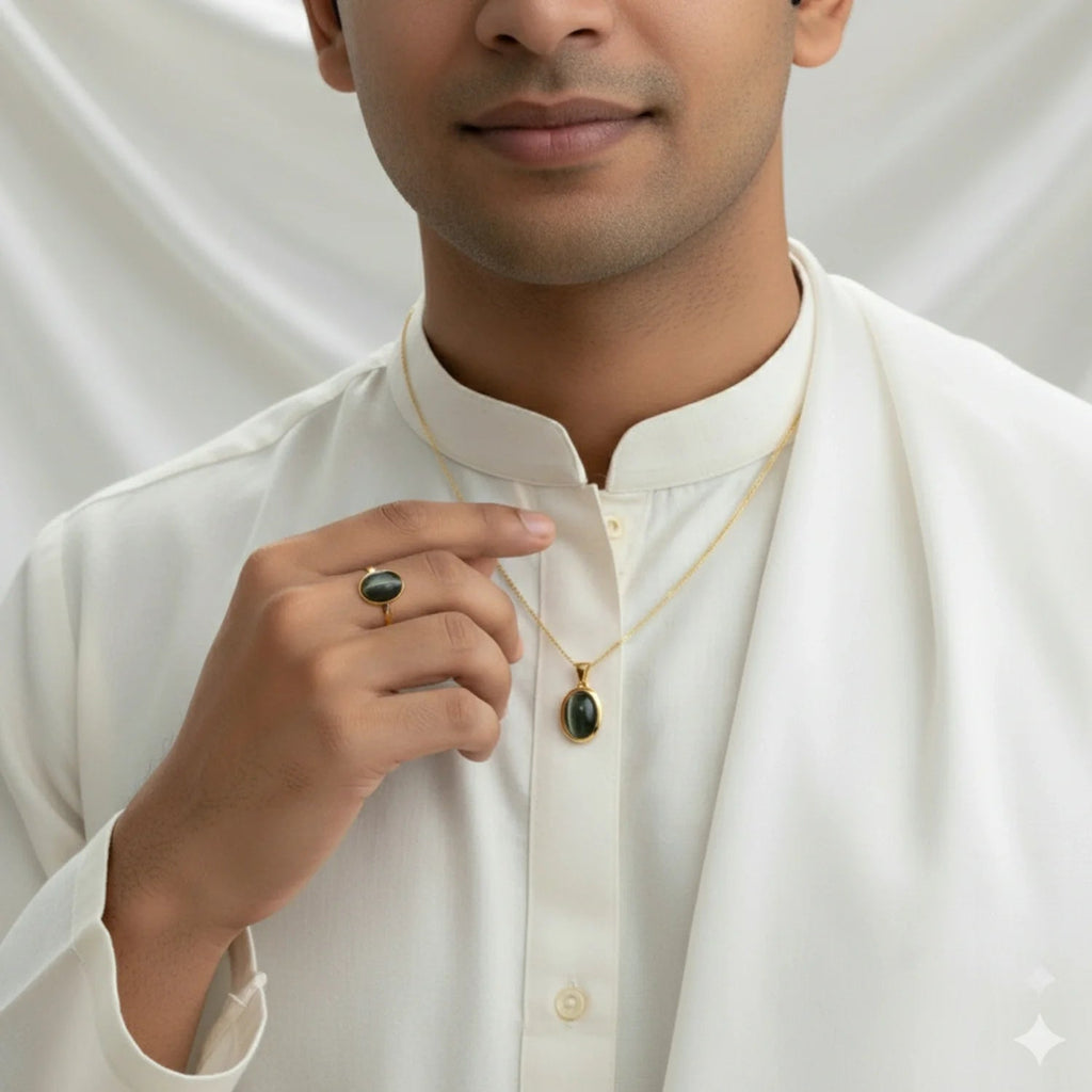 VASTUKOSHA natural cat's eye gemstone ring and pendant set worn by a man in a white kurta for spiritual practice