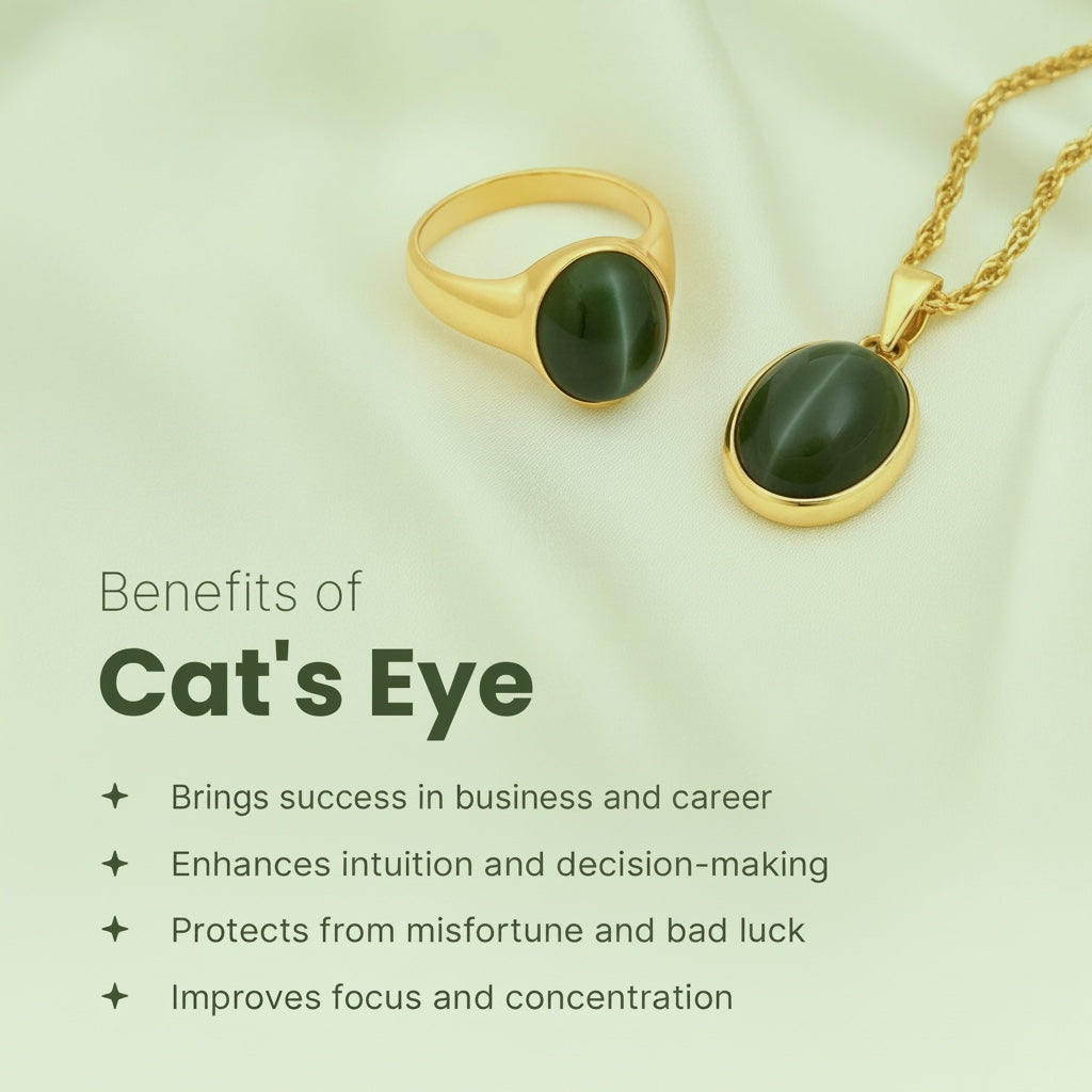 VASTUKOSHA natural dark green cat's eye gemstone ring and pendant set on a soft light green fabric background.