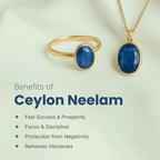 VASTUKOSHA natural Ceylon Neelam blue sapphire ring and pendant set on a soft white fabric background.