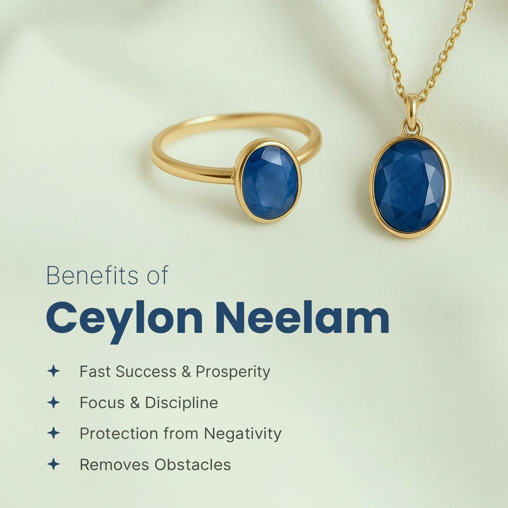 VASTUKOSHA natural Ceylon Neelam blue sapphire ring and pendant set on a soft white fabric background.