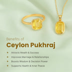 VASTUKOSHA Ceylon Pukhraj yellow sapphire ring and pendant set in gold, displayed on a soft green background.