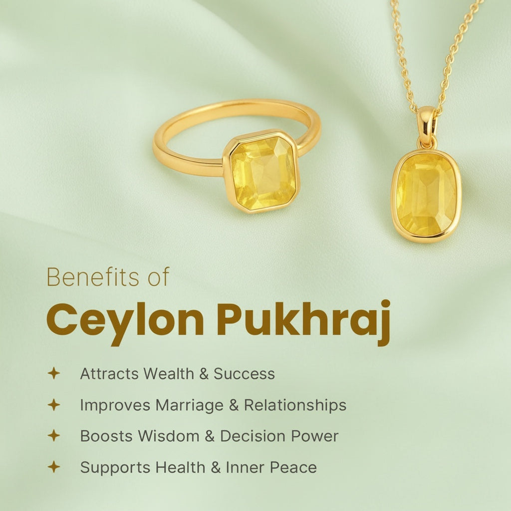 VASTUKOSHA Ceylon Pukhraj yellow sapphire ring and pendant set in gold, displayed on a soft green background.