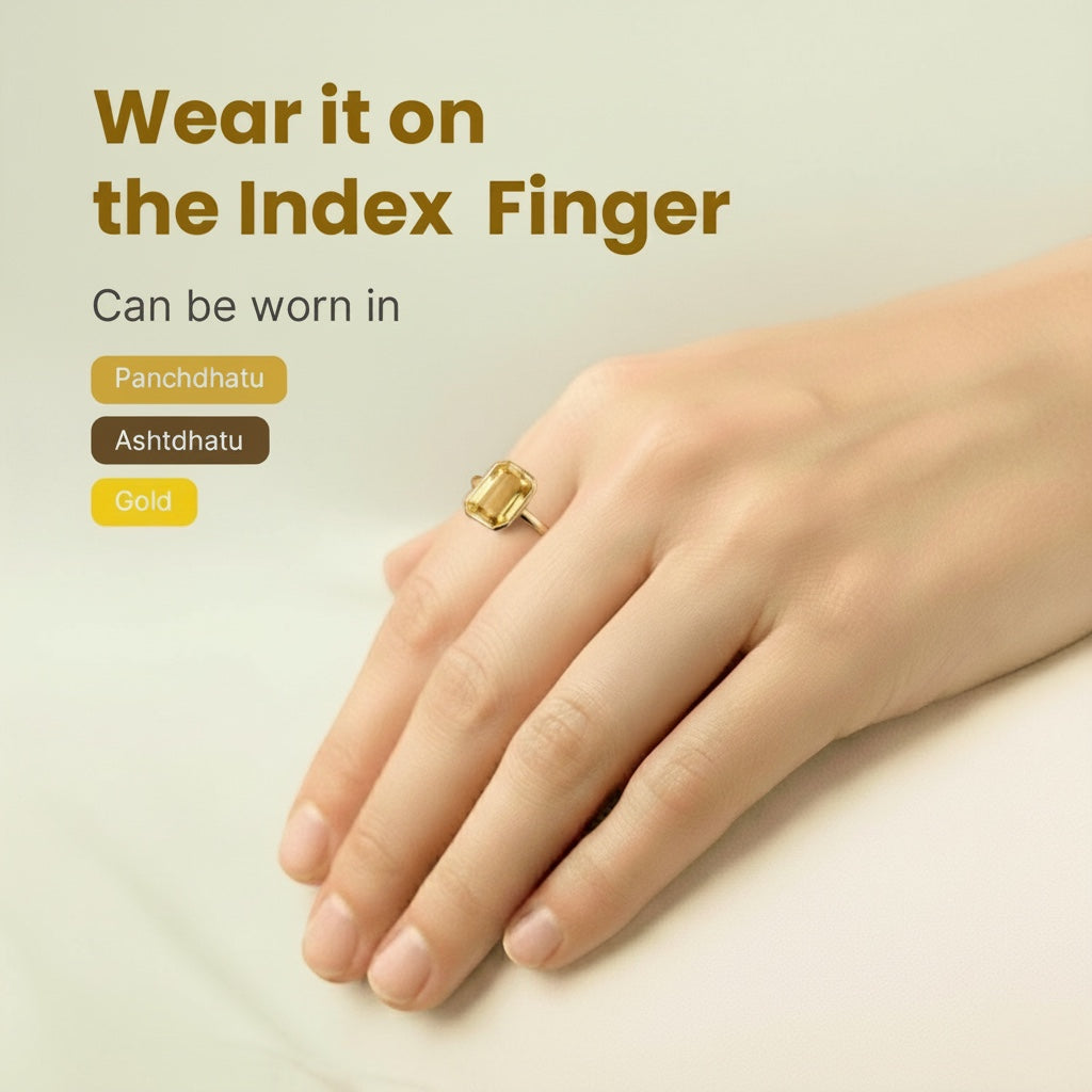VASTUKOSHA Ceylon Pukhraj yellow sapphire ring worn on the index finger, suitable for gold, panchdhatu, or ashtdhatu settings.