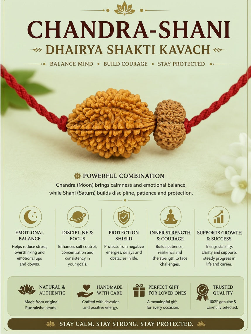 VASTUKOSHA Chandra-Shani Dhairya Shakti Kavach featuring natural rudraksha beads on a red thread for spiritual practice