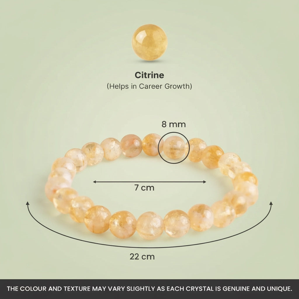 VASTUKOSHA Citrine crystal bead bracelet with 8mm stones, showcasing warm yellow tones for prosperity and confidence.