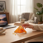 VASTUKOSHA Vyapar Vridhi citrine crystal orgonite pyramid on a wooden desk with sacred geometry for wealth and success