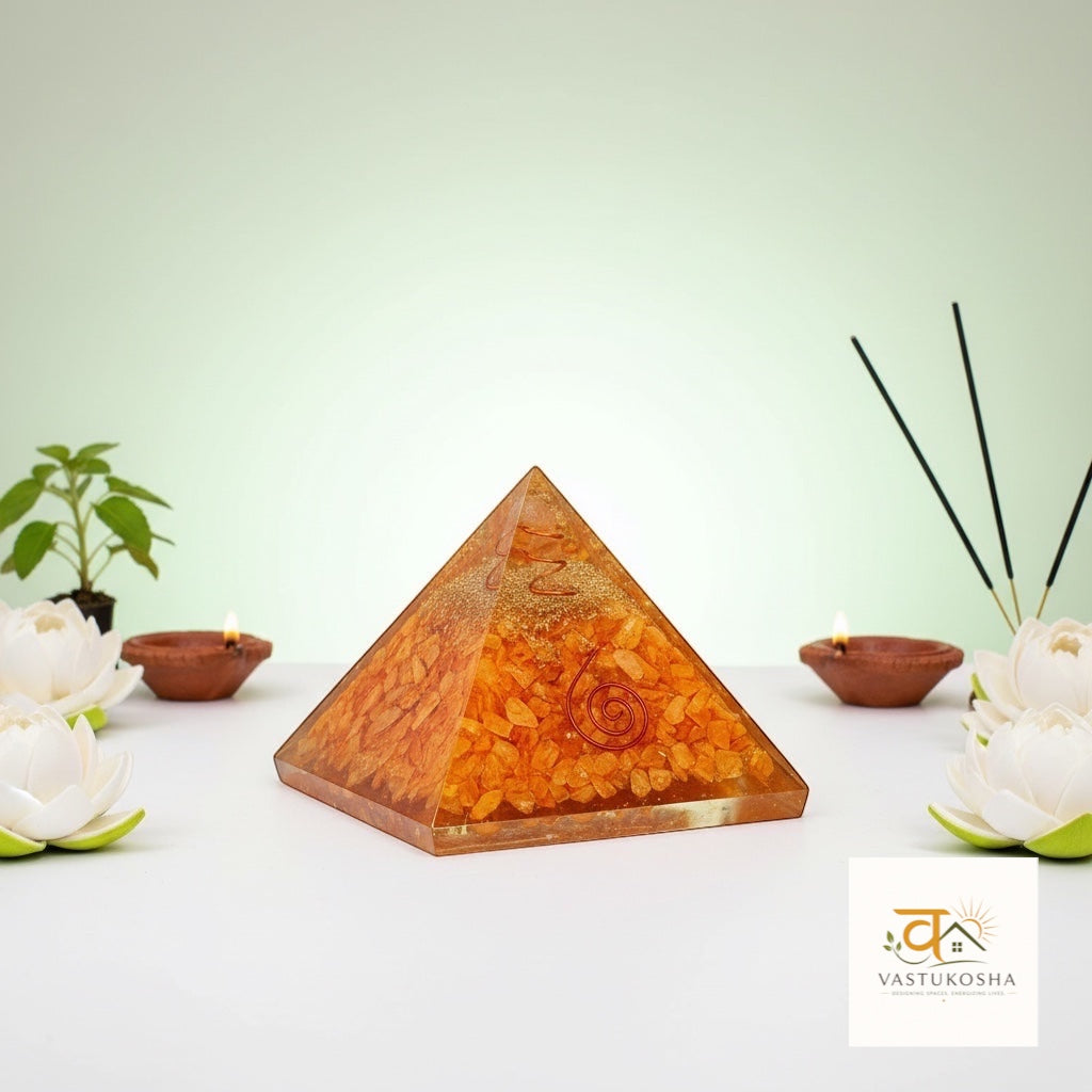 VASTUKOSHA Vyapar Vridhi citrine crystal orgonite pyramid with sacred geometry for prosperity and wealth manifestation