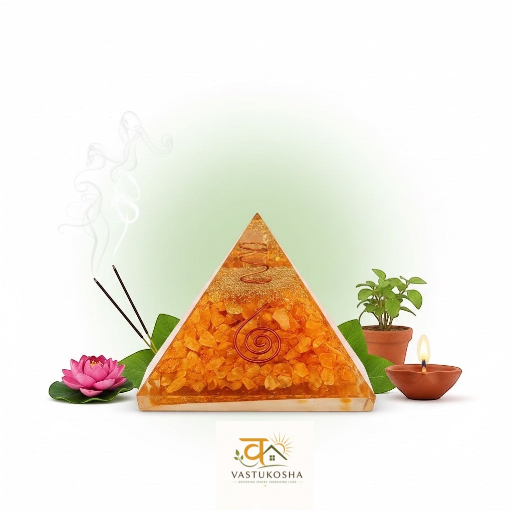 VASTUKOSHA Vyapar Vridhi citrine crystal orgonite pyramid with sacred geometry symbols for wealth and success