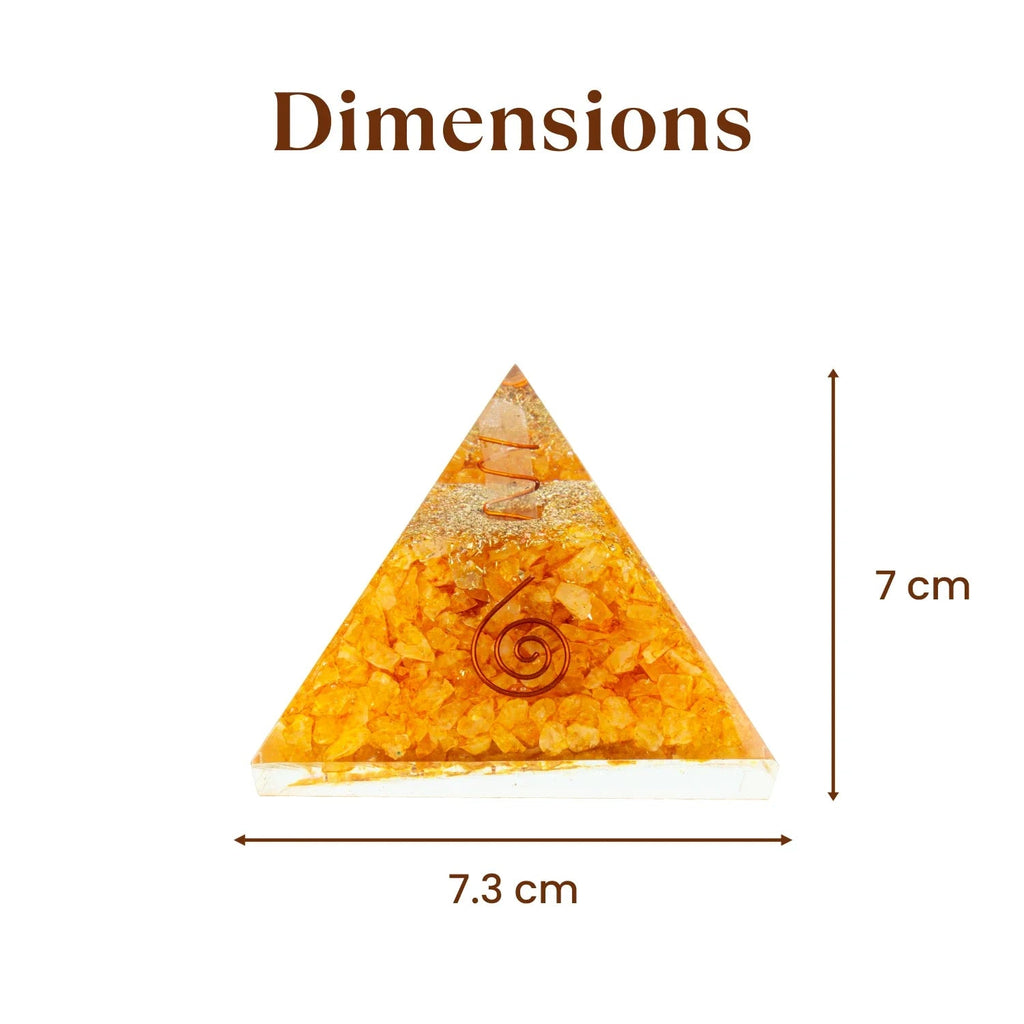 VASTUKOSHA Citrine pyramid for business prosperity with 7cm height and 7.3cm width dimensions on white background