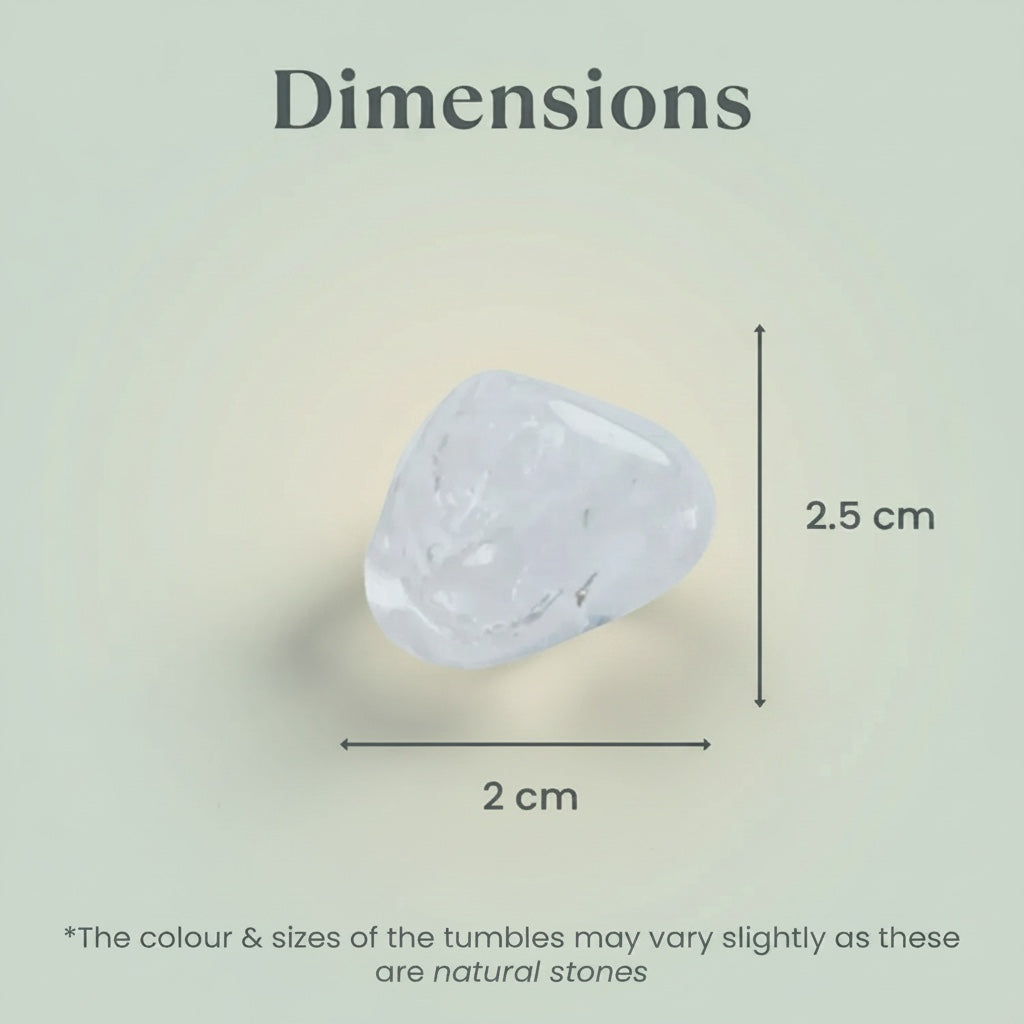 VASTUKOSHA natural clear quartz tumble stone showing dimensions of 2cm by 2.5cm for meditation and spiritual use