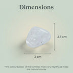 VASTUKOSHA natural clear quartz tumble stone showing dimensions of 2cm by 2.5cm for meditation and spiritual use