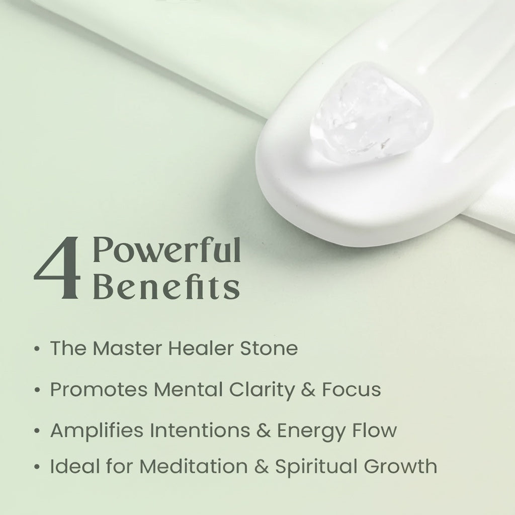 VASTUKOSHA natural clear quartz tumble stone on a white hand-shaped tray with text listing four spiritual benefits