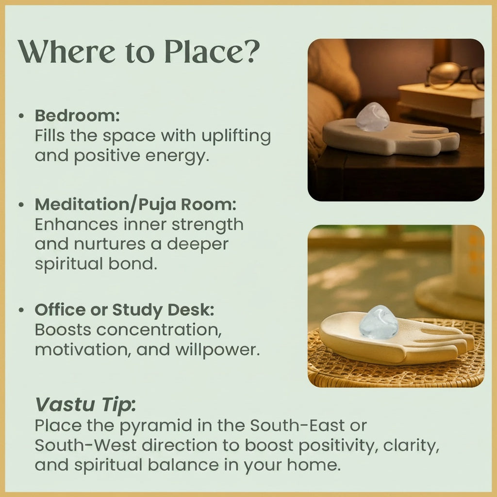 VASTUKOSHA clear quartz tumble stone displayed on a decorative hand-shaped tray for meditation and home decor