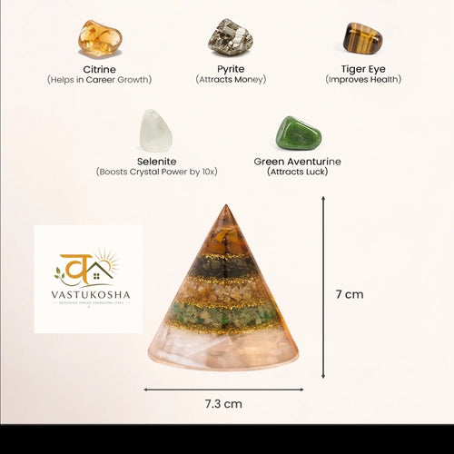 VASTUKOSHA Conical Dhan Yog Pyramid featuring layered Pyrite, Tiger Eye, Citrine, and Green Aventurine on Selenite base