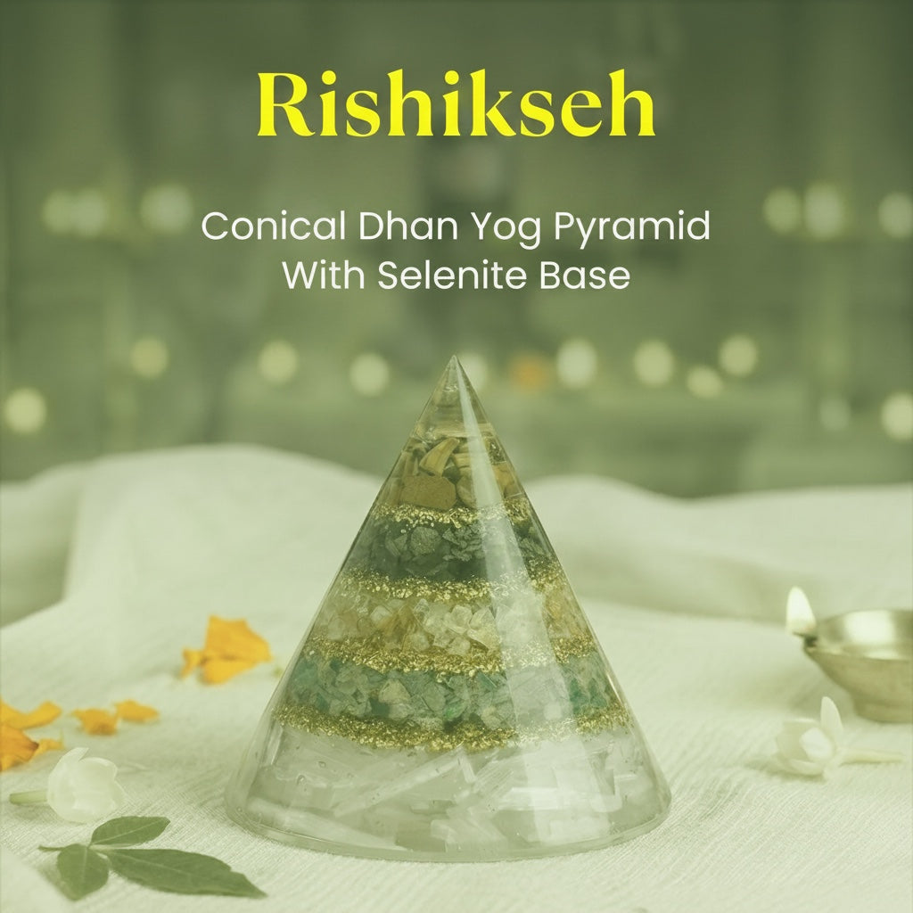VASTUKOSHA Rishikesh Siddh Conical Dhan Yog Pyramid with layered crystals and a white selenite base for wealth energy.