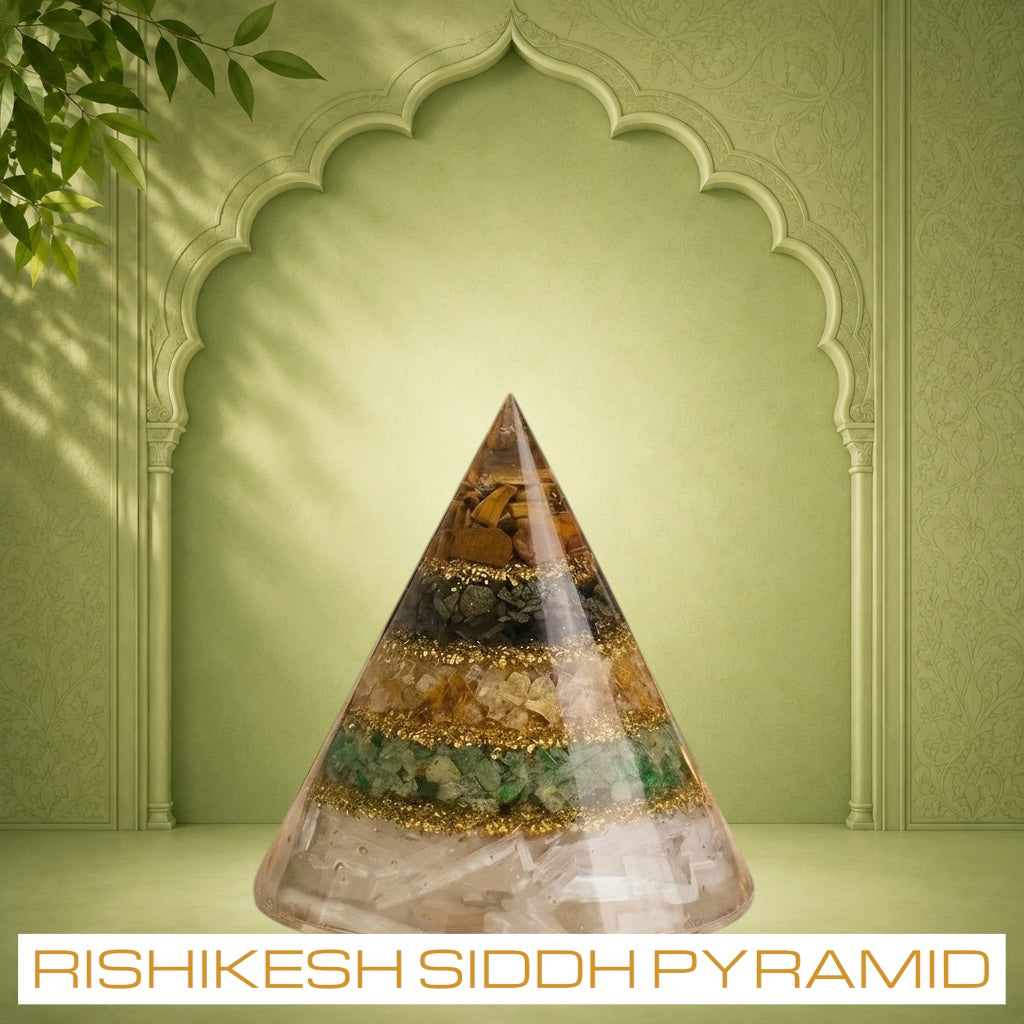 VASTUKOSHA Rinmukteshwar Siddh conical crystal pyramid with a selenite base for wealth and financial energy flow.