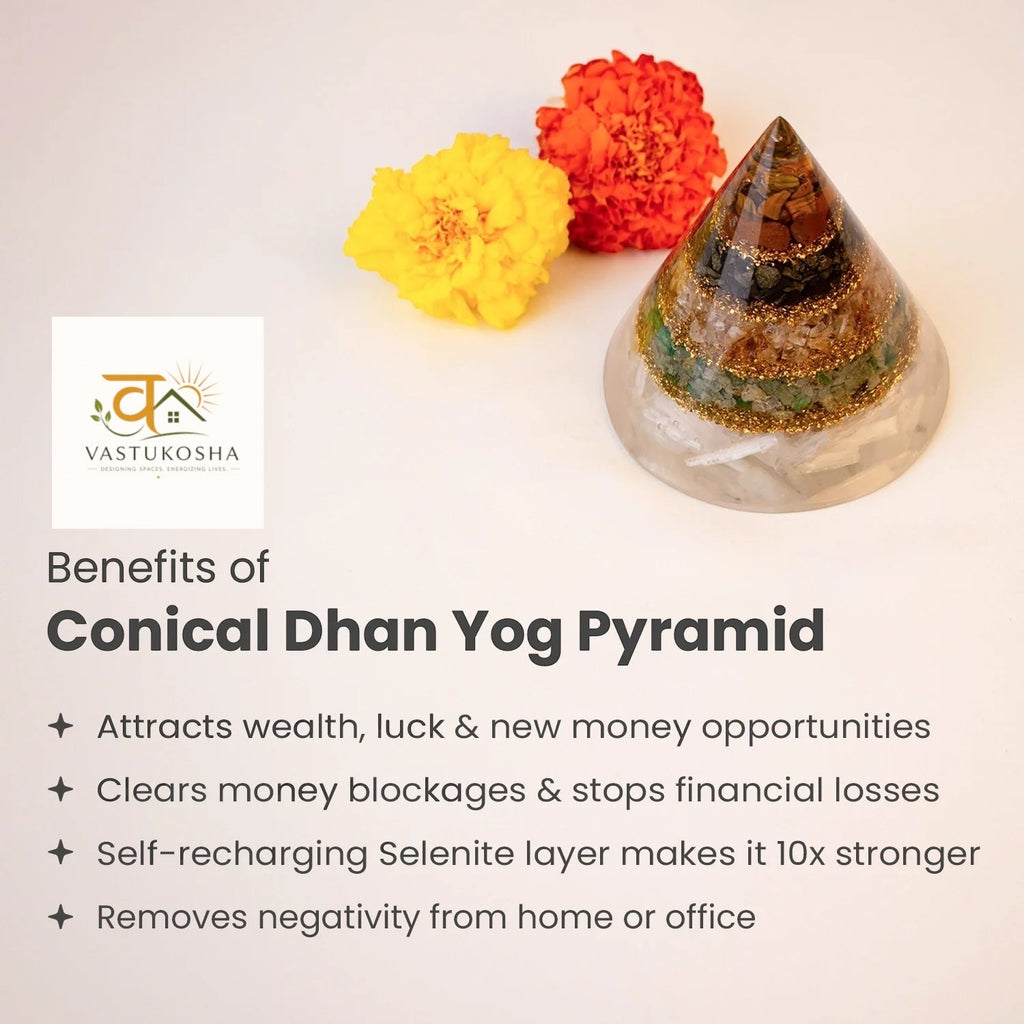 VASTUKOSHA Conical Dhan Yog Pyramid with Pyrite, Tiger Eye, Citrine, and Green Aventurine on a white Selenite base.
