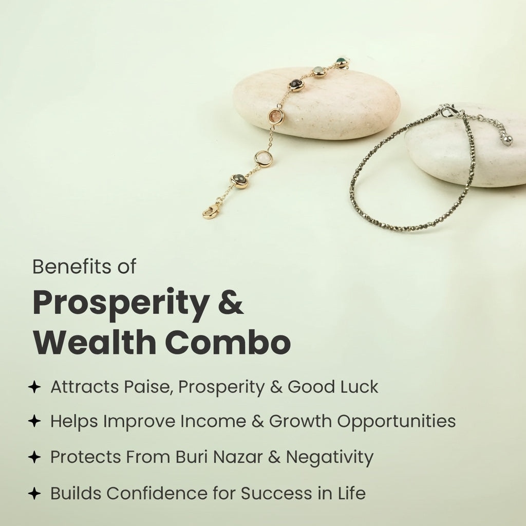 VASTUKOSHA crystal wealth bracelet and raw pyrite anklet set for prosperity and confidence on smooth stones