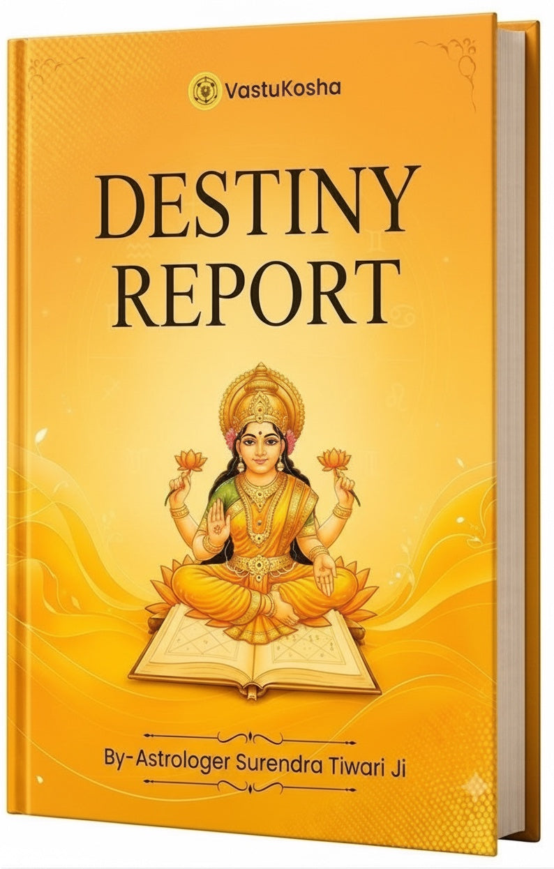 VASTUKOSHA Destiny Report featuring a golden cover with an illustration of Goddess Lakshmi and astrological symbols.