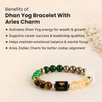VASTUKOSHA Dhan Yog bracelet featuring natural gemstone beads, gold accents, and a black Aries zodiac charm.