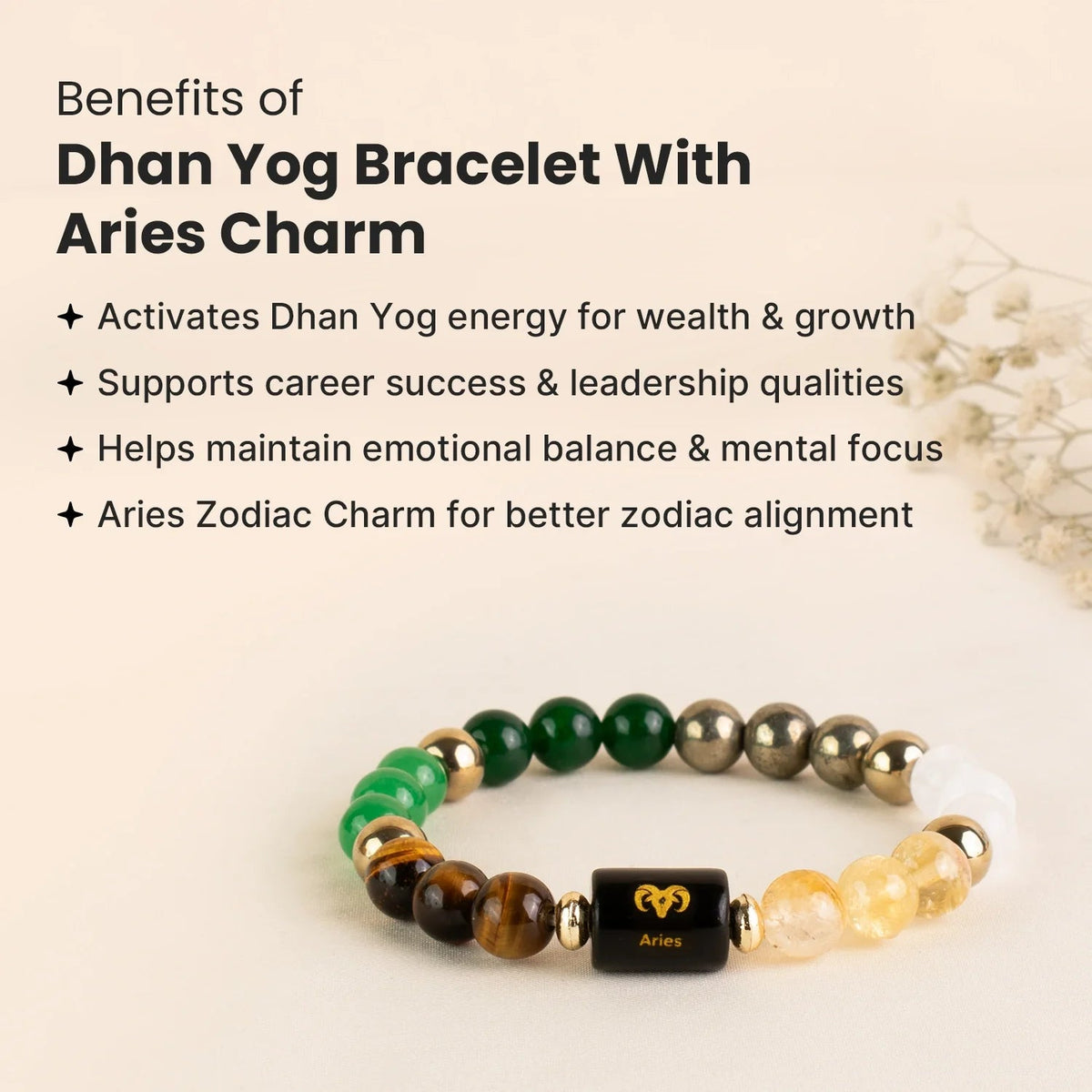 VASTUKOSHA Dhan Yog bracelet featuring natural gemstone beads, gold accents, and a black Aries zodiac charm.
