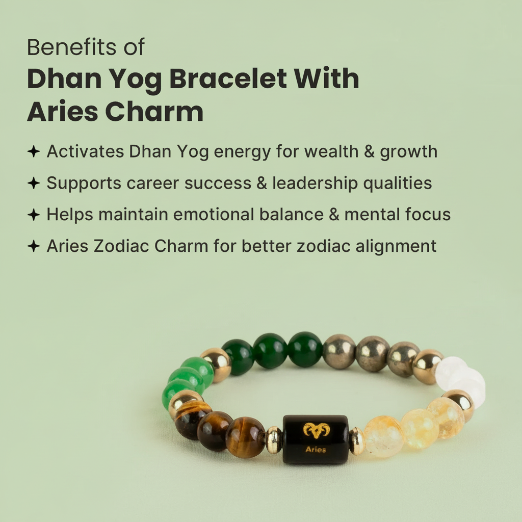 VASTUKOSHA Rishikesh Siddh Dhan Yog bracelet featuring multi-colored gemstone beads and an Aries zodiac charm