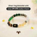 VASTUKOSHA Dhan Yog bracelet featuring multi-colored natural gemstone beads and a black Aries zodiac charm