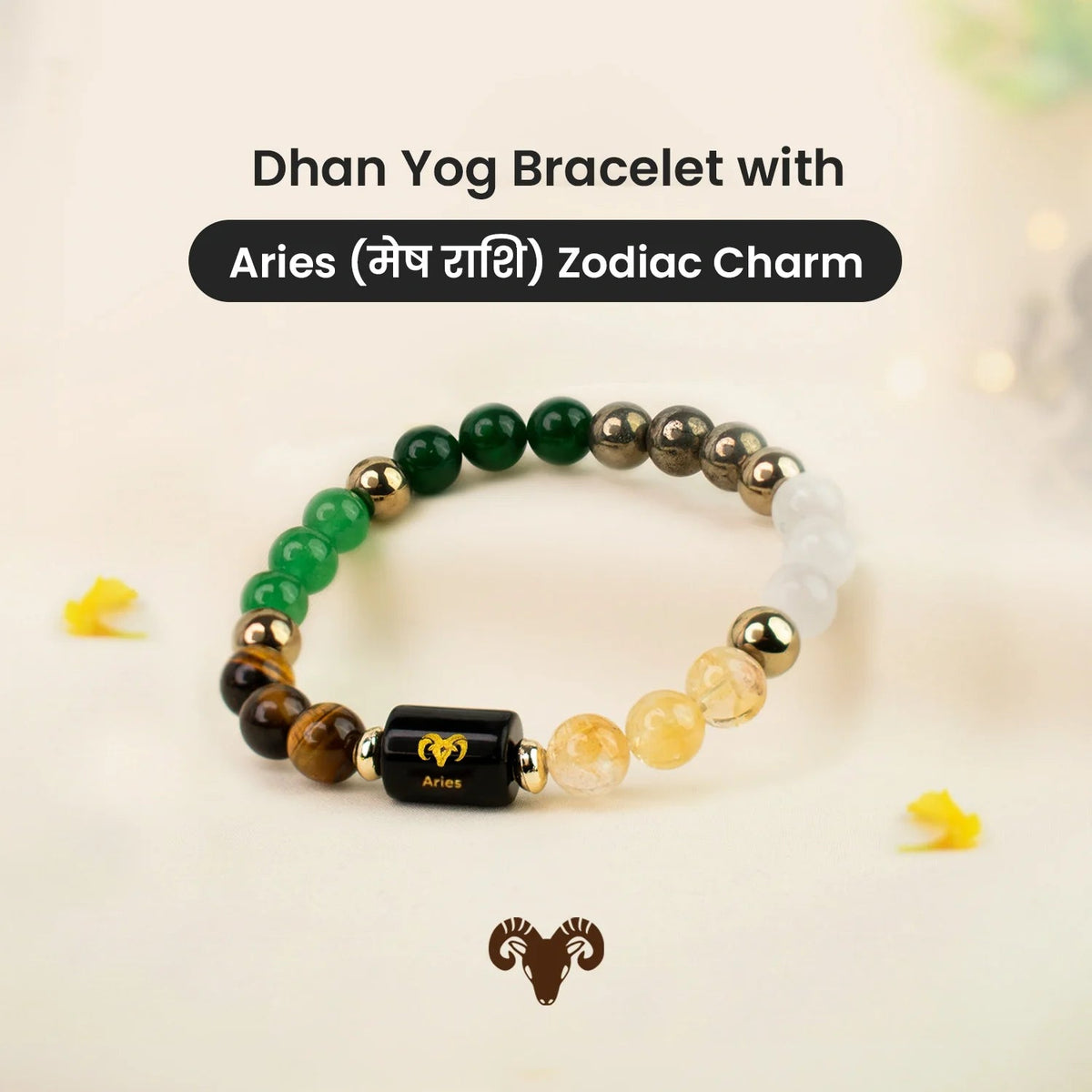 VASTUKOSHA Dhan Yog bracelet featuring multi-colored natural gemstone beads and a black Aries zodiac charm