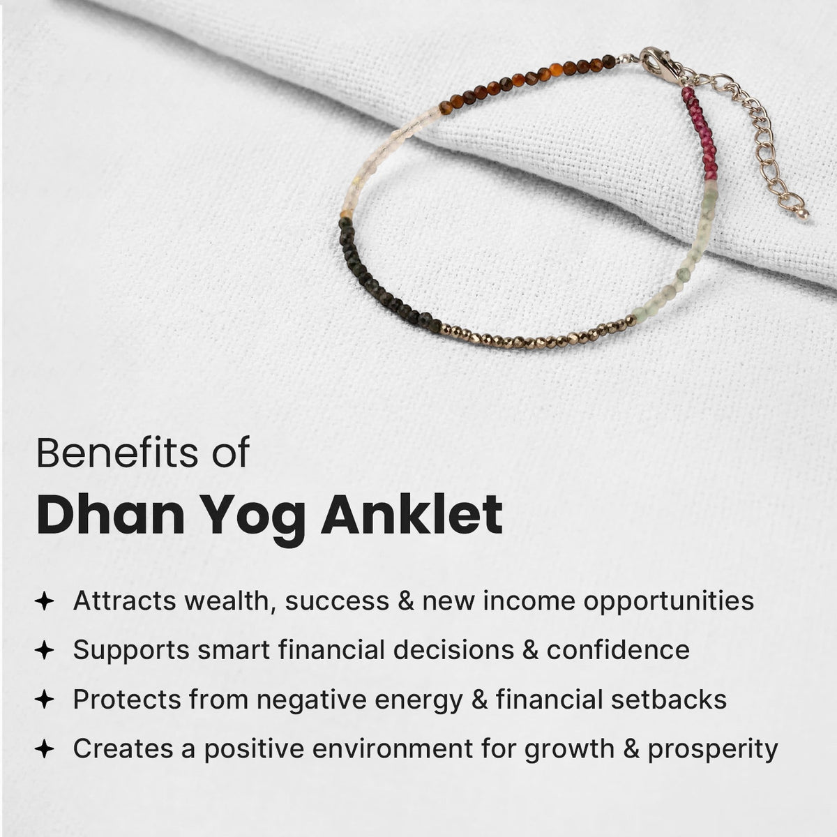 VASTUKOSHA Rinmukteshwar Siddh Dhan Yog anklet featuring multi-coloured crystal beads on a cream fabric background.