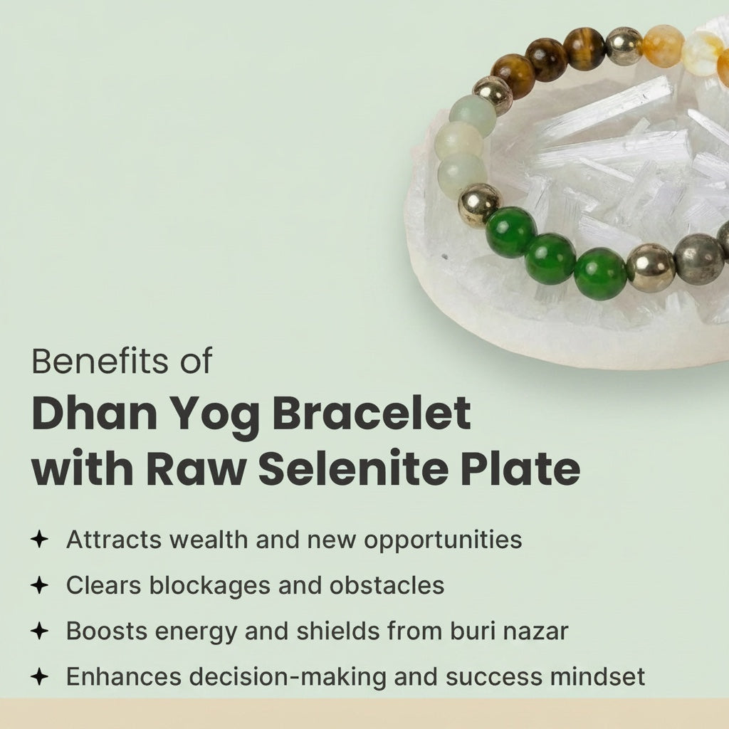 VASTUKOSHA Dhan Yog crystal bracelet featuring multi-colored gemstone beads resting on a raw white selenite plate.