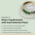 VASTUKOSHA Dhan Yog crystal bracelet featuring multi-colored gemstone beads resting on a raw white selenite plate.
