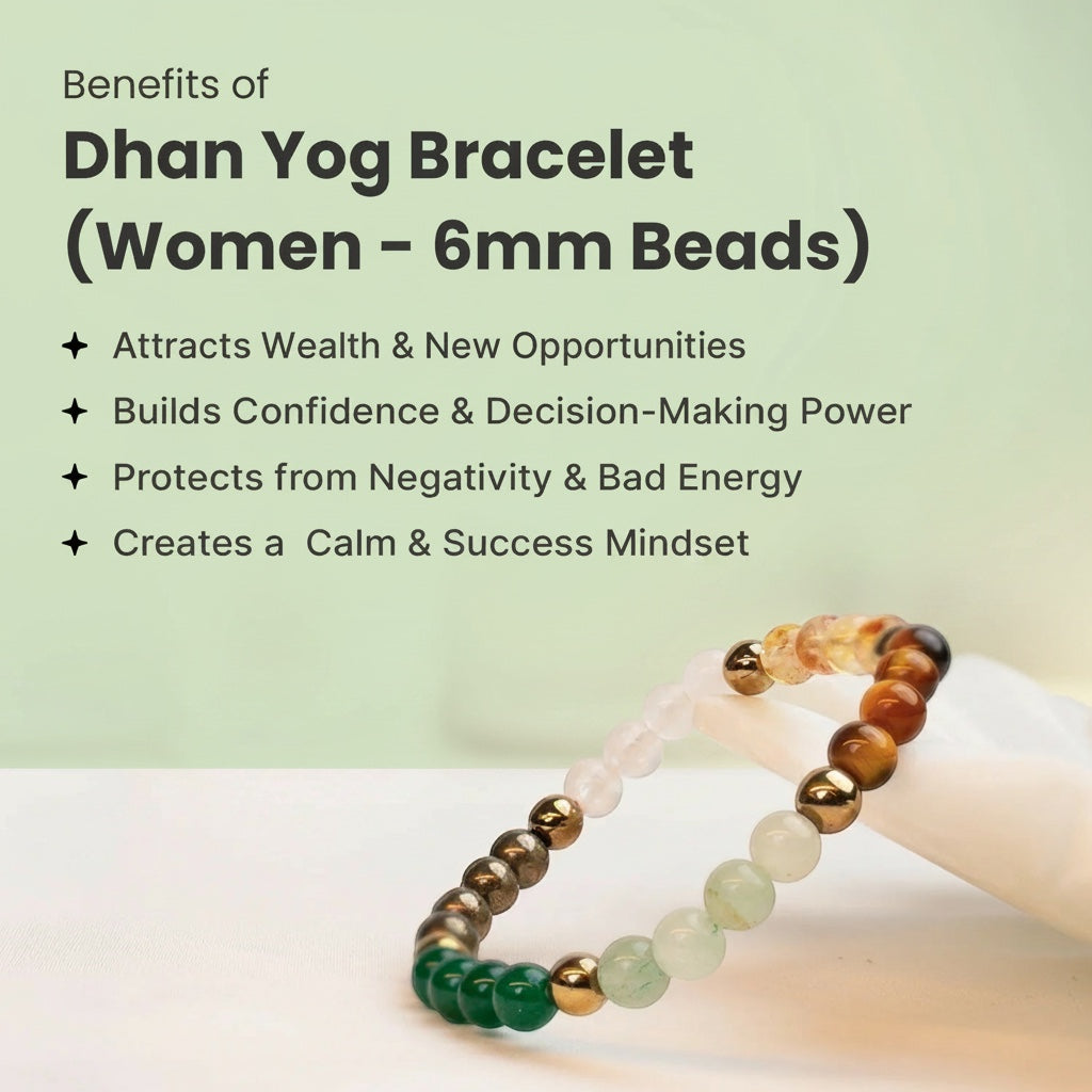 VASTUKOSHA Dhan Yog crystal bracelet for women featuring 6mm multi-coloured natural gemstone beads on a white display.