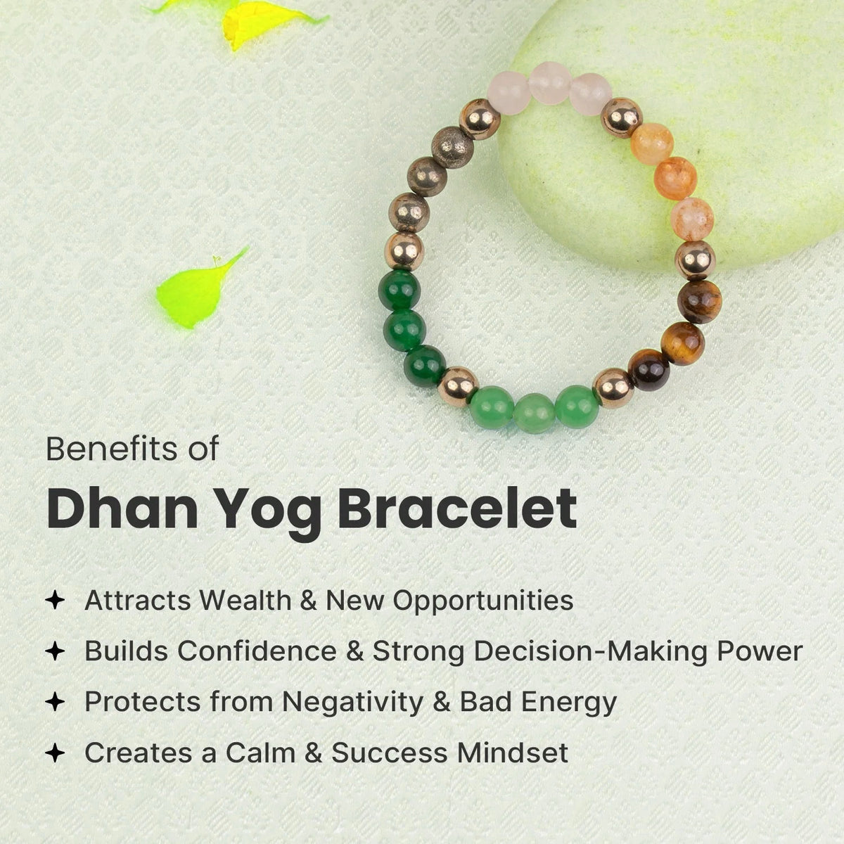 VASTUKOSHA Rishikesh Siddh Dhan Yog crystal bracelet featuring tiger eye, pyrite, citrine, quartz, and green aventurine.