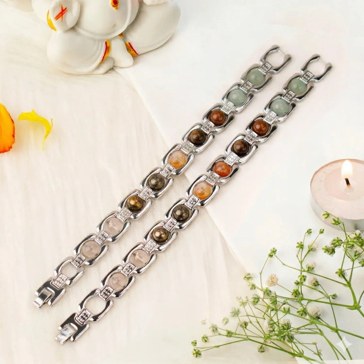 VASTUKOSHA silver-plated Dhan Yog bracelets featuring Tiger Eye, Pyrite, Citrine, Quartz, and Green Aventurine crystals.