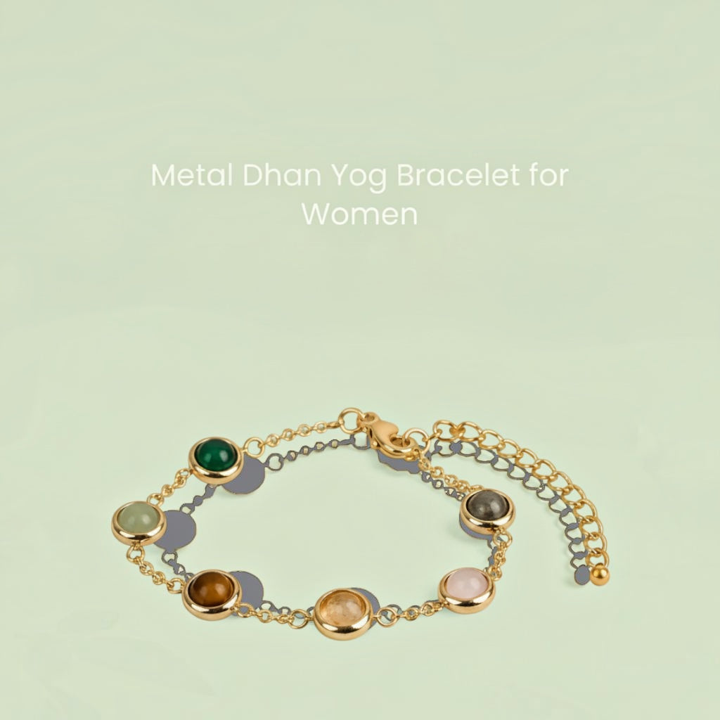 VASTUKOSHA Rishikesh Siddh Dhan Yog bracelet for women featuring multi-colored natural crystals on a gold-tone chain.