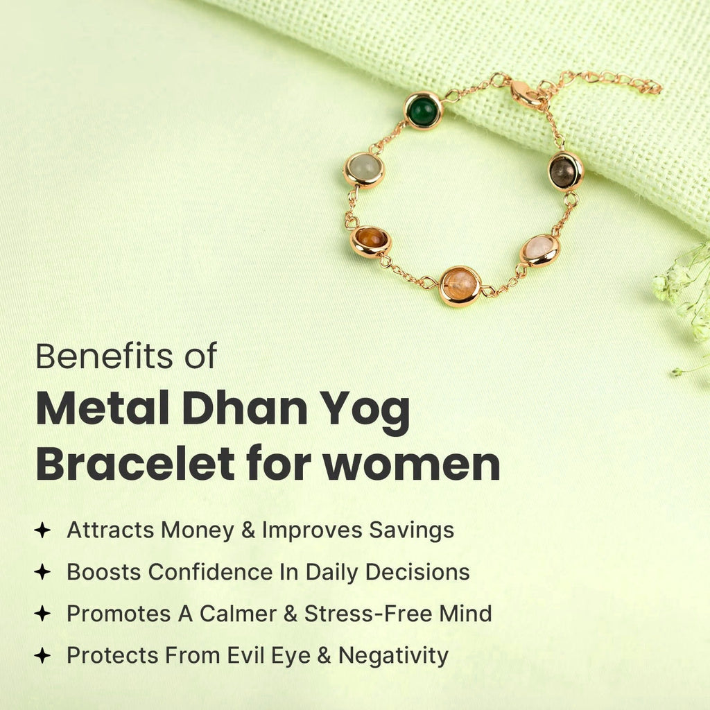 VASTUKOSHA Rishikesh Siddh Metal Dhan Yog bracelet for women featuring multi-colored natural crystals on a gold chain