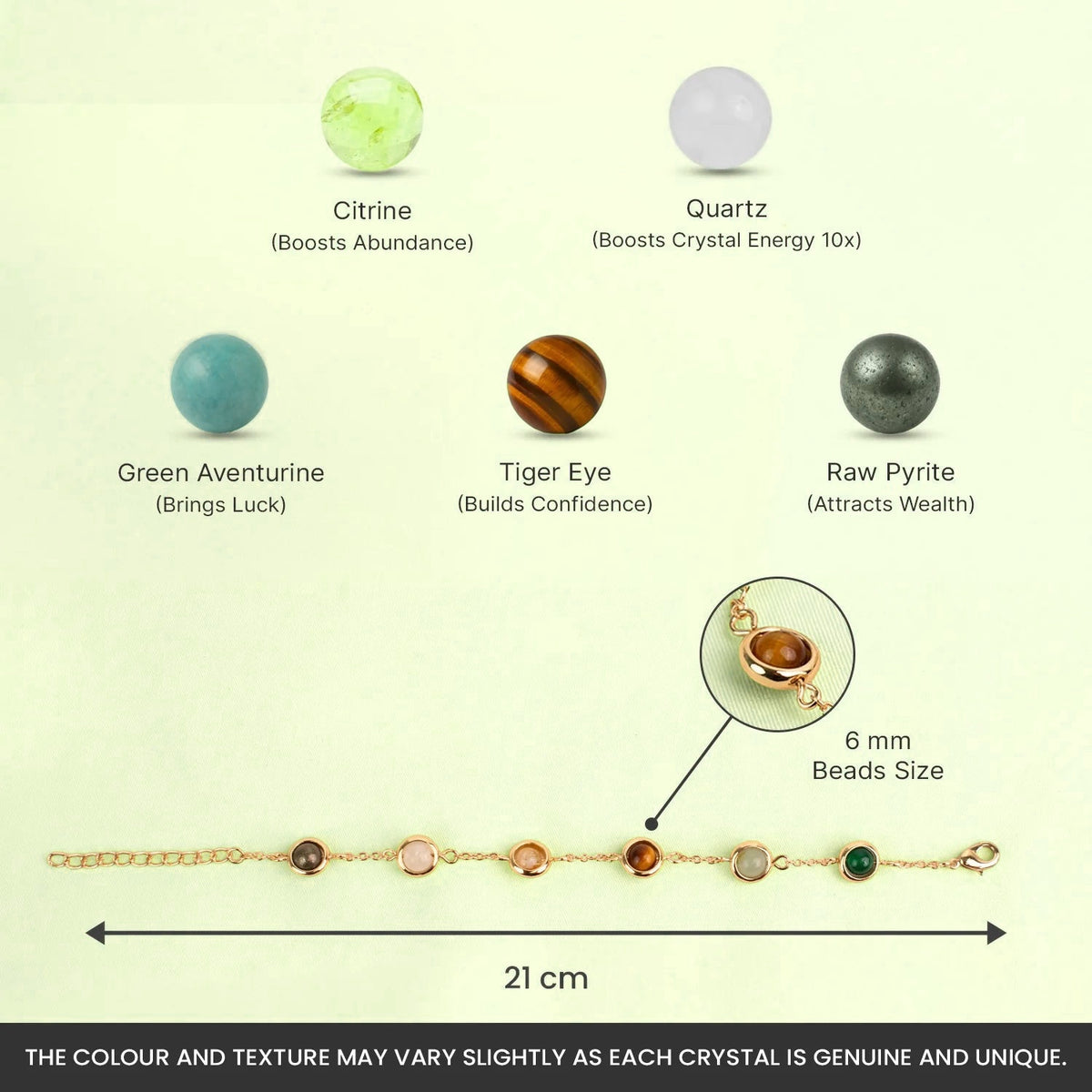VASTUKOSHA Rishikesh Siddh Dhan Yog bracelet featuring 6mm natural crystals including Citrine, Quartz, Pyrite, Green Aventurine, and Tiger Eye on a gold-plated brass chain.