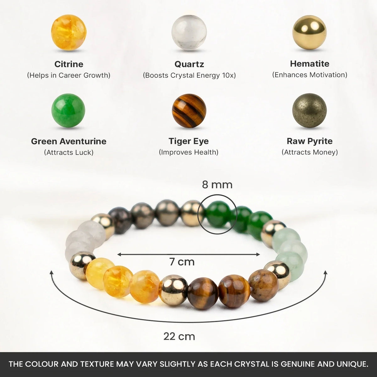VASTUKOSHA Dhan Yog crystal bracelet featuring Tiger Eye, Pyrite, Citrine, Quartz, Aventurine, and Hematite beads.