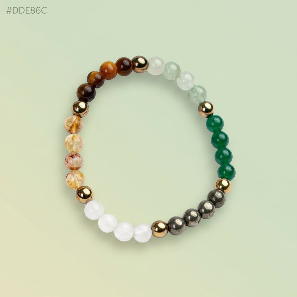 VASTUKOSHA Dhan Yog crystal bracelet for women featuring 6mm beads of tiger eye, pyrite, citrine, quartz, and aventurine.