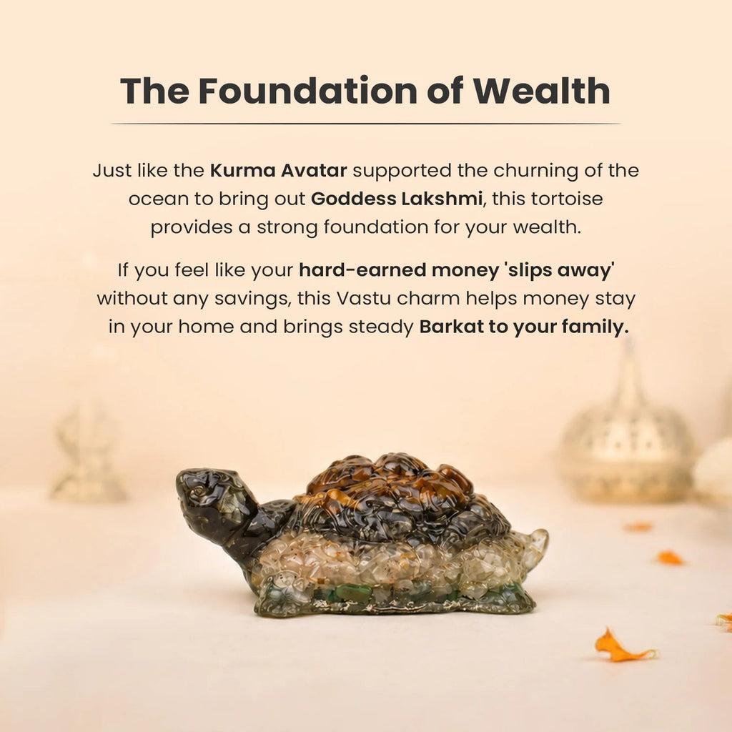 VASTUKOSHA Collector's Edition Dhan Yog Tortoise made of Tiger Eye, Pyrite, Citrine, and Green Aventurine crystals.
