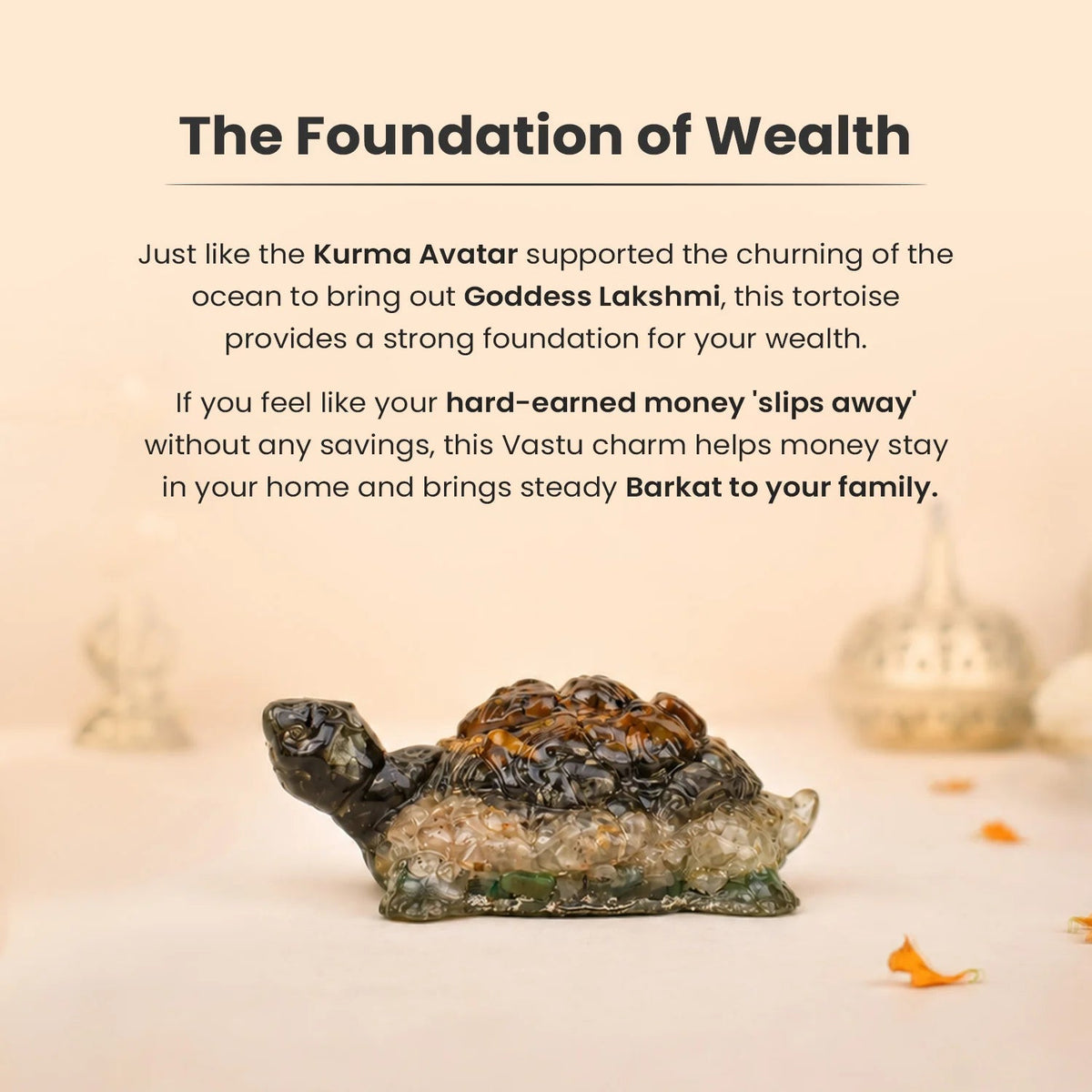 VASTUKOSHA Collector's Edition Dhan Yog Tortoise made of Tiger Eye, Pyrite, Citrine, and Green Aventurine crystals.